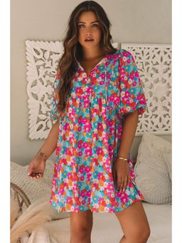 PARTIQ - Sky Blue Floral Print Tie Split Neck Bubble Sleeve Babydoll Dress