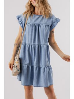 PARTIQ - Beau Blue Ruffle Short Sleeve Tiered A-line Denim Dress
