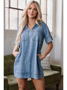 PARTIQ - Beau Blue Short Sleeve Collared Patched Pocket Denim Mini Dress