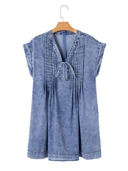 PARTIQ - Beau Blue Tie V Neck Tucking Detail Short Sleeve Denim Shift Dress