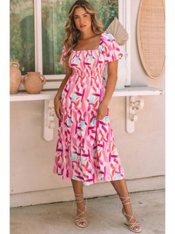 PARTIQ - Pink Brush Stroke Printed Smocked Ruffle Tiered Dress