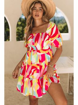 PARTIQ - Multi-Color Geometric Print Smocked Babydoll Mini Dress