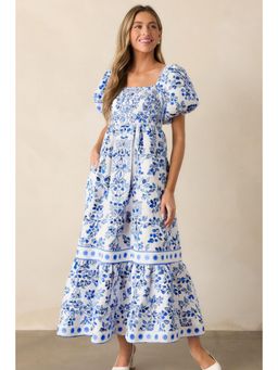 PARTIQ - Sky Blue Floral Print Square Neck Bubble Sleeve High Waist Maxi Dress