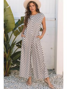 PARTIQ - Khaki Checks Print Button Round Neck Wide Leg Jumpsuit