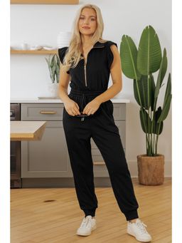 PARTIQ - Black Zipper Flutter Sleeve Drawstring High Waist Jumpsuit