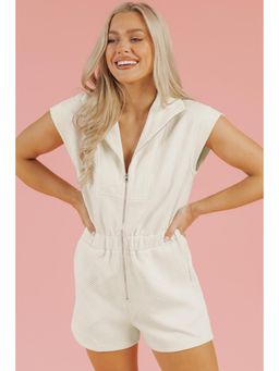 PARTIQ - Jet Stream Textured Zipper Front Collar Neck Casual Playsuit
