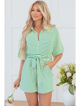 PARTIQ - Green Stripes Textured Short Sleeve Collar Neck Button Waist Tie Playsuit