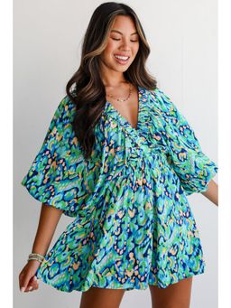 PARTIQ - Green Abstract Print Puff Sleeve V Neck High Waist Playsuit