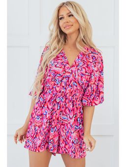 PARTIQ - Pink Abstract Print Puff Sleeve V Neck High Waist Playsuit