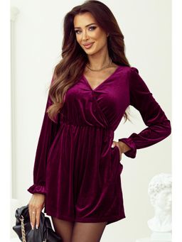 PARTIQ - Wine Dahlia Velvet Surplice V Neck Ruffled Sleeve High Waist Playsuit