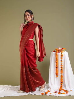 Vinusto - Red Chanderi Handloom Saree with Stitched Blouse