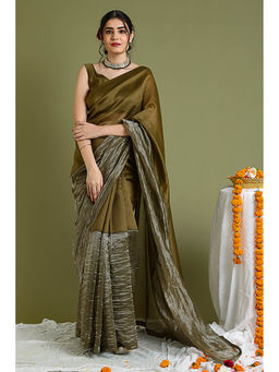 Vinusto - Brown Chanderi Handloom Colour Blocked Saree with Stitched Blouse