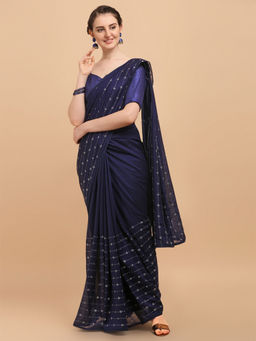 Amrutam Fab - Womens Sequences Vichitra Blooming Navy Blue Saree With Unstitched Blouse Piece