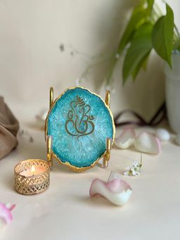 Homearte - Ganesh Ji Agate Metal Stand Religious Showpiece-Green