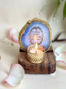 Homearte - Gayatri Mantra Agate Wooden Base Tealight Holder-Blue