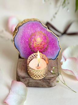 Homearte - Guru Ji Agate Wooden Base Tealight Holder-Pink