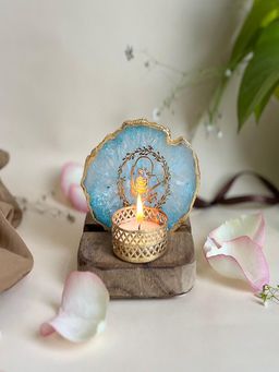 Homearte - Guru Ji Agate Wooden Base Tealight Holder-Turquoise