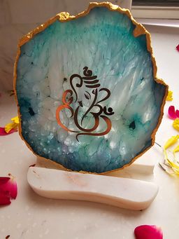 Homearte - Ganesha Agate with Marble Base Back Side Tealight-Green