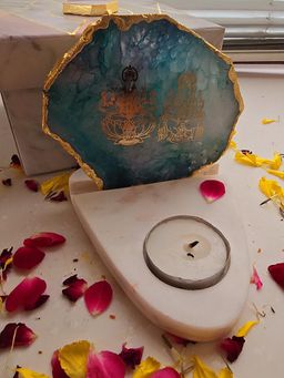 Homearte - Laxmi Ganesha Agate with Marble Base Front Side Tealight-Green