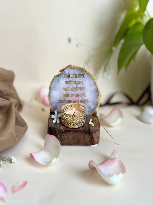 Homearte Namokar Mantra Agate Wooden Base Tealight Holder-White