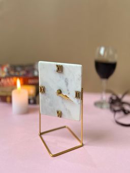 Homearte - White Marble Square Shape Desk Clock with Metal Stand
