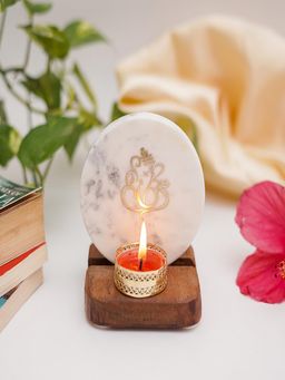 Homearte - Ganesha Tea Light Holder White Marble with Wooden Base