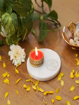 Homearte - Gayatri Mantra Tea Light Holder White Marble Base