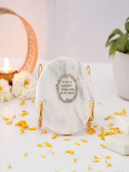Homearte - Gayatri Mantra Showpiece White Marble with Metal Stand