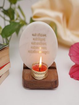 Homearte - Namokar Mantra Tea Light Holder White Marble with Wooden Base