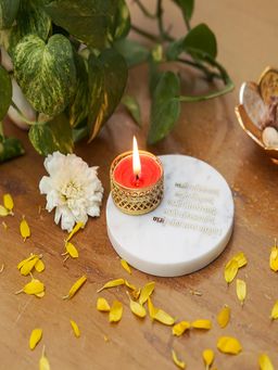 Homearte - Namokar Mantra Tea Light Holder White Marble Base