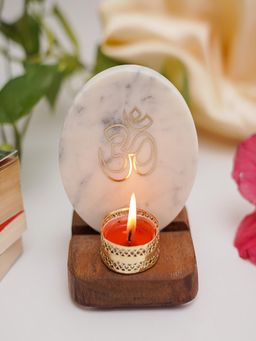 Homearte - Om Tea Light Holder White Marble with Wooden Base