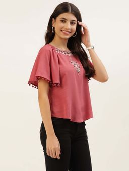 Taurus - Women Pink Embroidered Top