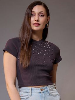 KASSUALLY - Women Mauve Embellished Crop Top