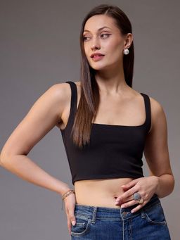KASSUALLY - Women Black Solid Crop Top
