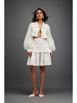 Deepika Arora - White Self Design Jacket and Skirt (Set of 2)
