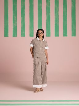 Muvazo - Sepia Stride Pleated Stripes Top and Pant (Set of 2)
