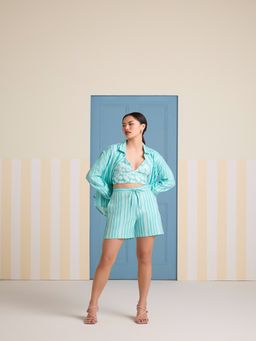 Muvazo - Aqua Stripes Shirt with Bustier and Shorts (Set of 3)