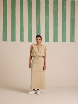 Muvazo - Sunbaked Zip Up Solid Beige Top and Skirt (Set of 2)