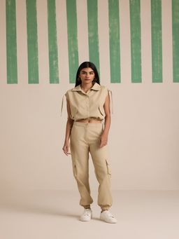 Muvazo - Sunbaked Pocketed Beige Solid Co-Ord (Set of 2)