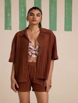 Muvazo - Cacao Weave Brown Shirt with Bustier and Shorts (Set of 3)