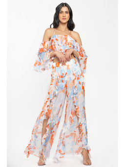 MANDIRA WIRK - Chiffon Printed Crop Top With Printed Pants Ivory & Orange (Set of 2)