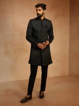 Vastramay - Black Silk Blend Mandarin Neck Mid Waist Sherwani With Pant