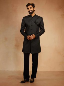 Vastramay - Black Synthetic Mandarin Neck Mid Waist Sherwani With Pant