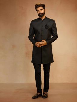 Vastramay - Black Synthetic Mandarin Neck Mid Waist Sherwani With Pant
