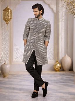 Vastramay - Black Rayon Mandarin Neck Mid Waist Sherwani With Pant