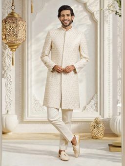 Vastramay - Off White Rayon Mandarin Neck Mid Waist Sherwani With Pant