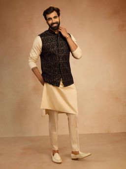 Vastramay - Beige Satin Mandarin Neck Mid Waist Nehru Jacket With Kurta & Pant