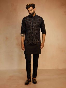 Vastramay - Black Satin Mandarin Neck Mid Waist Nehru Jacket With Kurta & Pant
