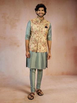 Vastramay - Grey Viscose Mandarin Neck Mid Waist Nehru Jacket With Kurta & Pant