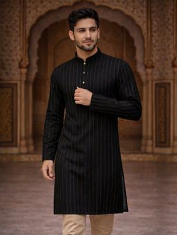 Vastramay - Black Cotton Blend Mandarin Neck Kurta